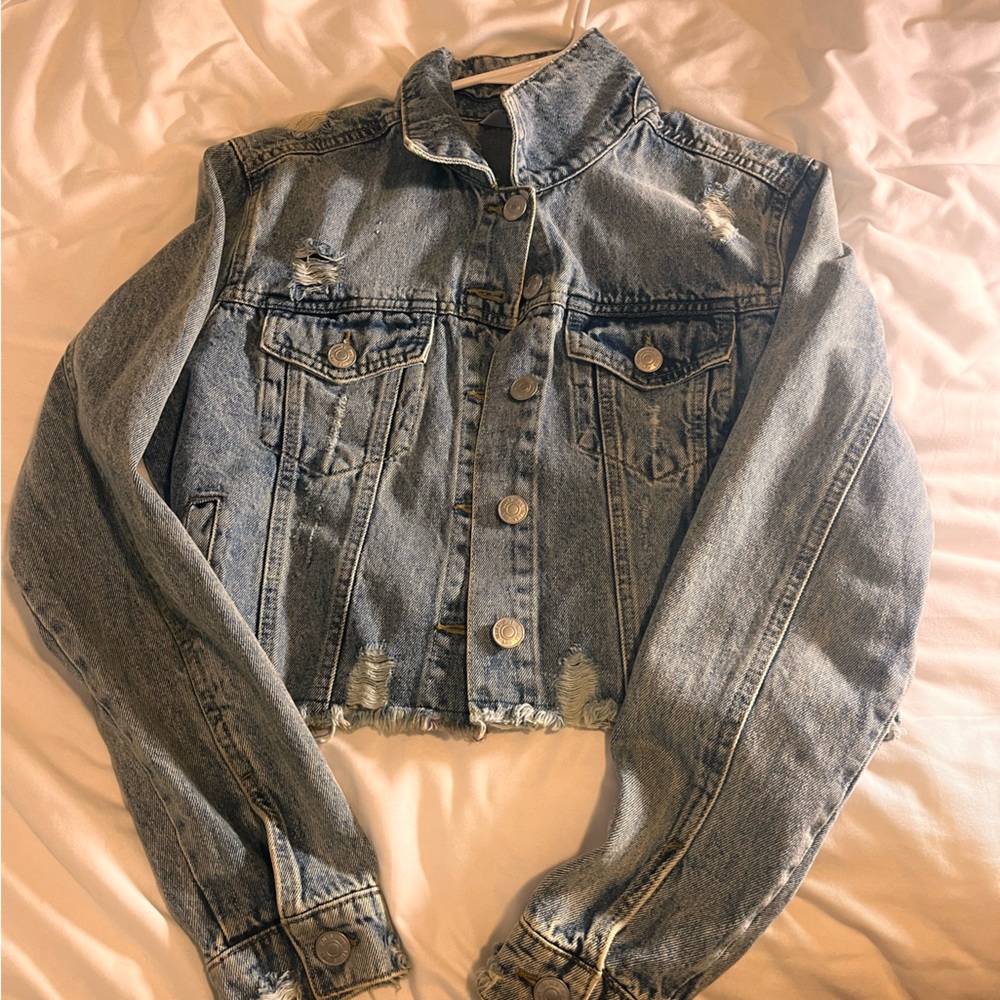 Worn once! Light acid wash distressed denim jacket purchased at tillys